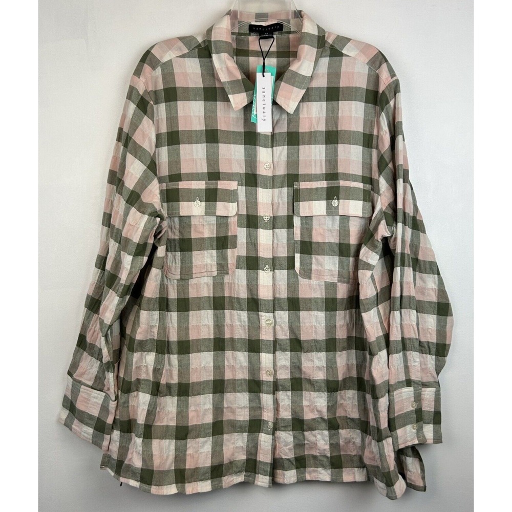Sanctuary Top Womens 1X Plaid Boyfriend Button Up Pink Green New Read